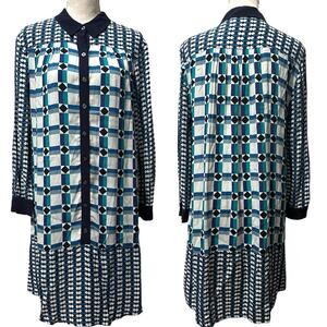 Maeve Blue Geometric Print Button Front Shirt Dress Size 4 Long Sleeve Retro Mod
